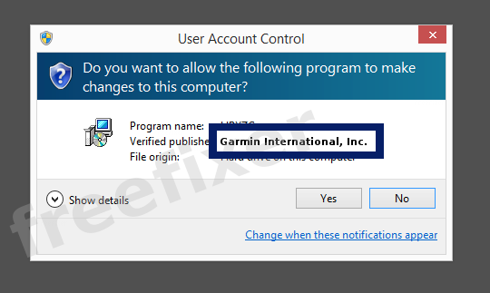 Screenshot where Garmin International, Inc. appears as the verified publisher in the UAC dialog